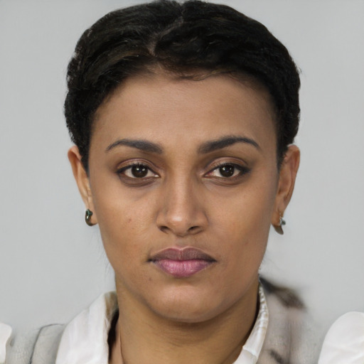 Joyful latino young-adult female with short  brown hair and brown eyes