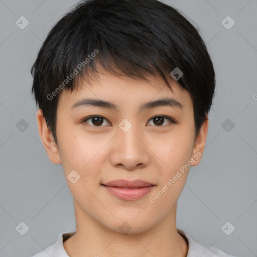 Joyful asian young-adult female with short  brown hair and brown eyes