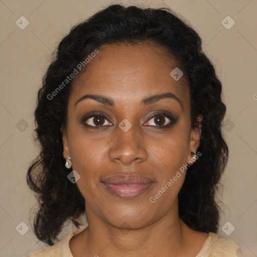 Joyful black young-adult female with medium  brown hair and brown eyes