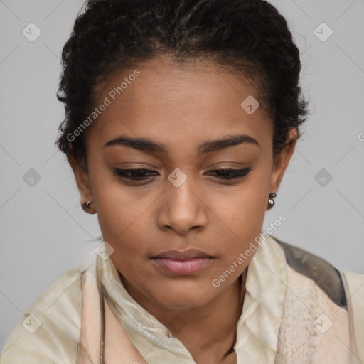 Neutral latino young-adult female with short  brown hair and brown eyes