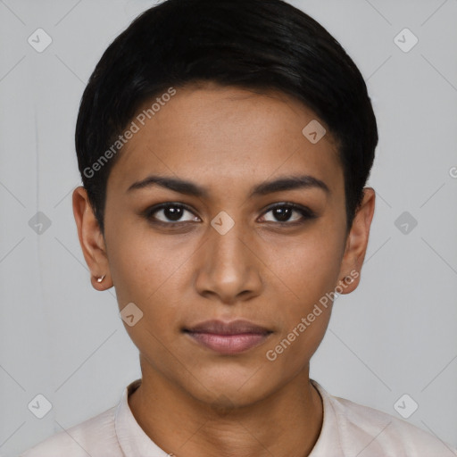 Neutral latino young-adult female with short  black hair and brown eyes