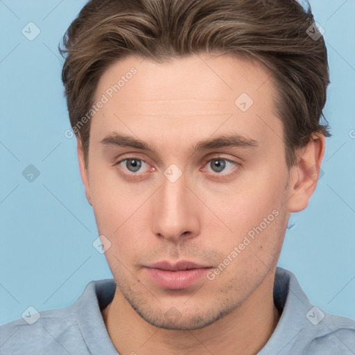 Neutral white young-adult male with short  brown hair and brown eyes