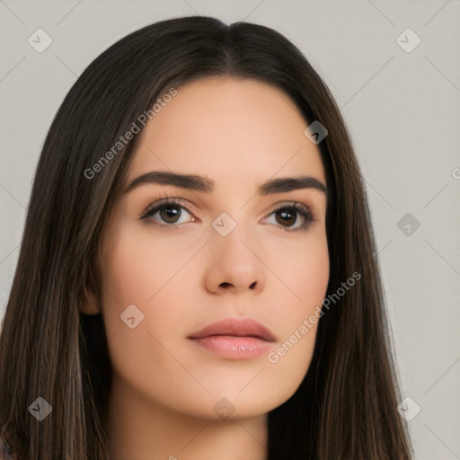 Neutral white young-adult female with long  brown hair and brown eyes