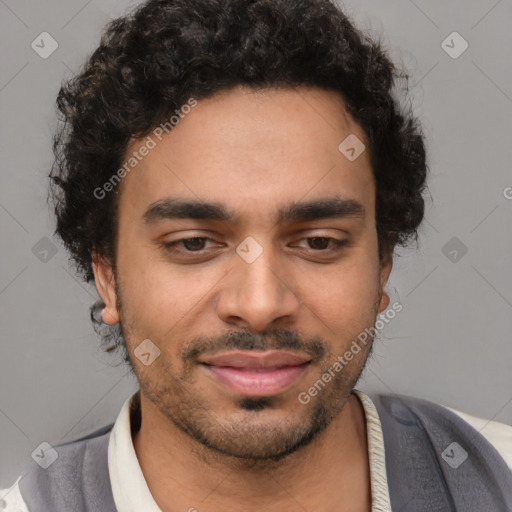 Joyful latino young-adult male with short  brown hair and brown eyes