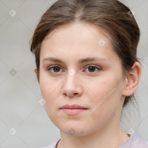 Neutral white young-adult female with medium  brown hair and grey eyes