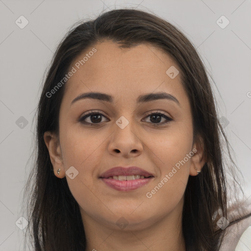 Joyful asian young-adult female with long  brown hair and brown eyes