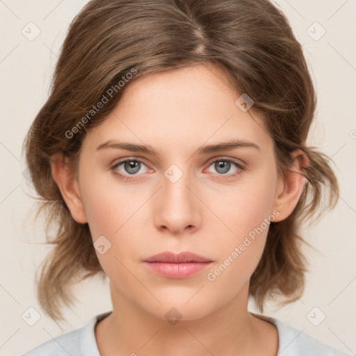 Neutral white young-adult female with medium  brown hair and brown eyes