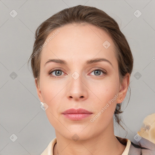 Neutral white young-adult female with medium  brown hair and grey eyes