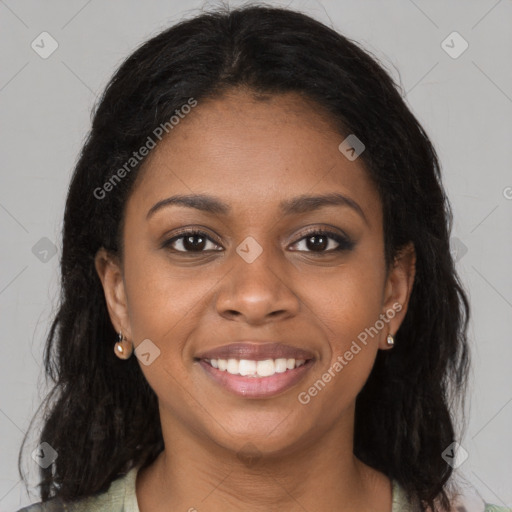 Joyful black young-adult female with medium  brown hair and brown eyes