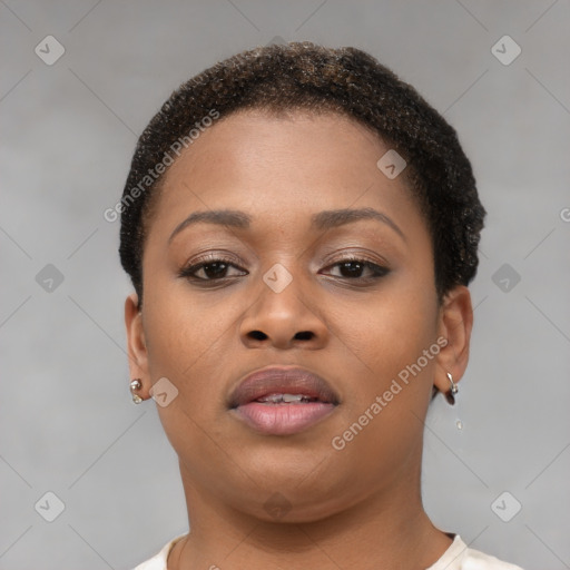 Neutral black young-adult female with short  brown hair and brown eyes