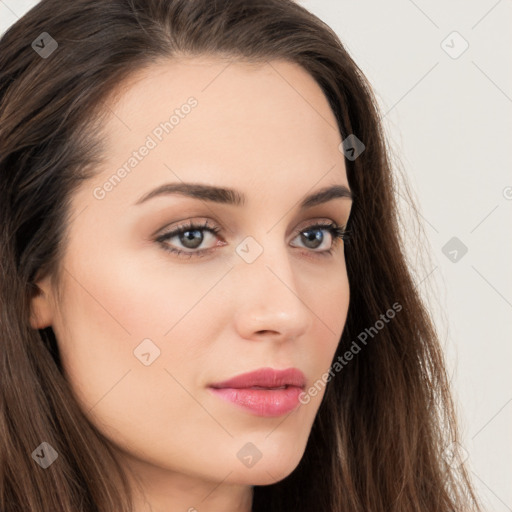 Neutral white young-adult female with long  brown hair and brown eyes