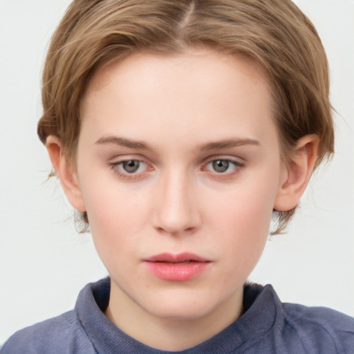 Neutral white young-adult female with medium  brown hair and blue eyes