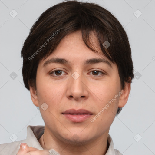 Joyful white young-adult female with short  brown hair and brown eyes