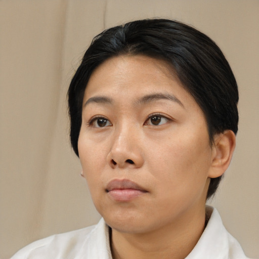Neutral asian adult female with short  brown hair and brown eyes