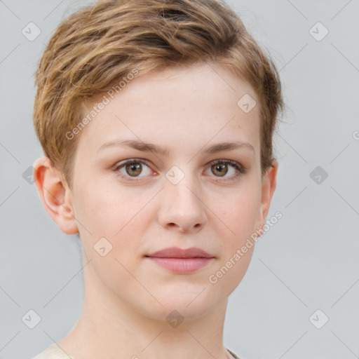 Neutral white young-adult female with short  brown hair and brown eyes