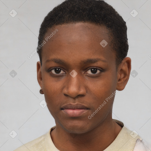 Neutral latino young-adult female with short  black hair and brown eyes