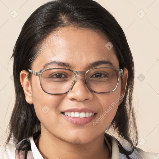 Joyful white young-adult female with medium  brown hair and brown eyes