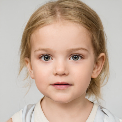 Neutral white child female with medium  brown hair and blue eyes