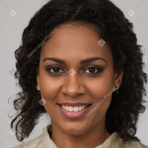 Joyful black young-adult female with medium  brown hair and brown eyes