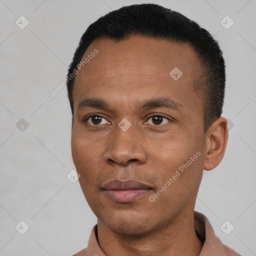 Neutral latino adult male with short  black hair and brown eyes