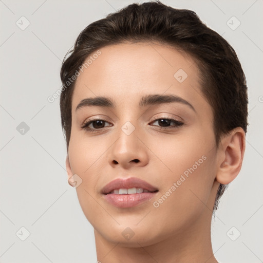 Joyful white young-adult female with short  brown hair and brown eyes