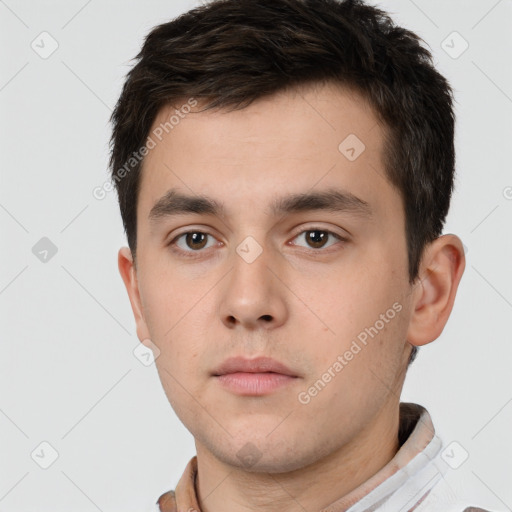 Neutral white young-adult male with short  brown hair and brown eyes