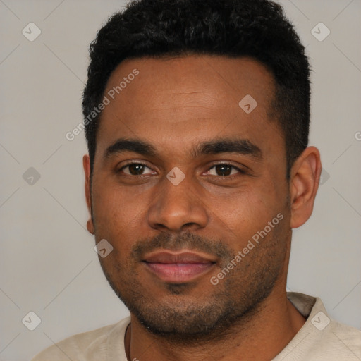 Neutral black young-adult male with short  black hair and brown eyes