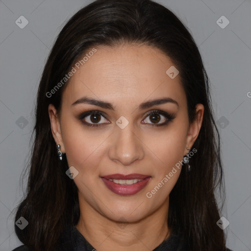 Joyful white young-adult female with long  brown hair and brown eyes