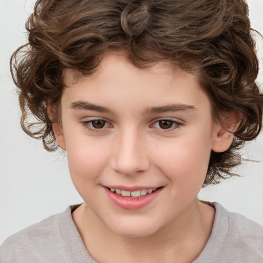 Joyful white child female with medium  brown hair and brown eyes