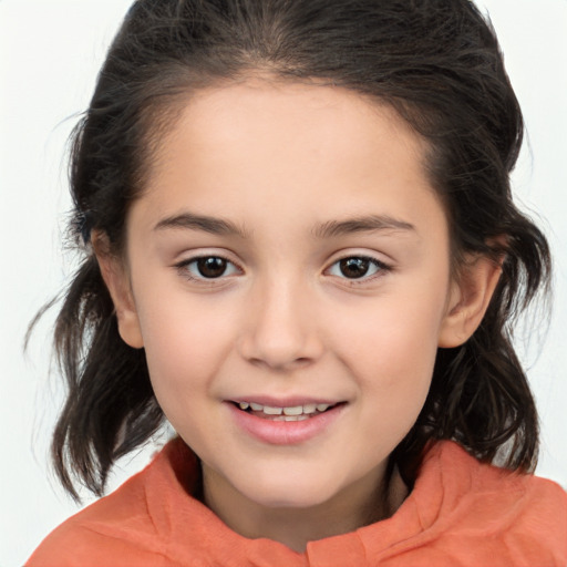 Joyful white child female with medium  brown hair and brown eyes