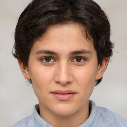 Joyful white young-adult male with medium  brown hair and brown eyes