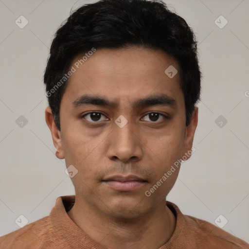 Neutral asian young-adult male with short  black hair and brown eyes