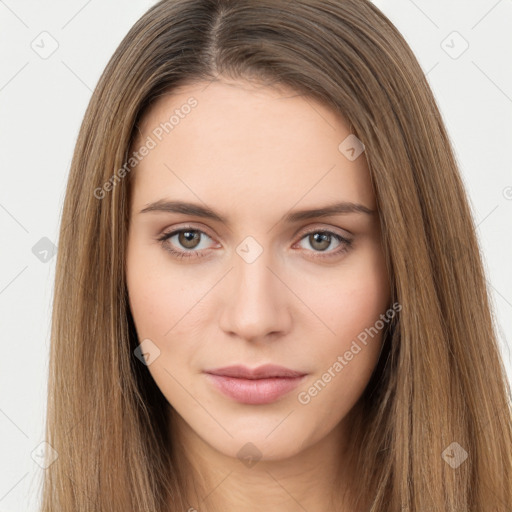 Neutral white young-adult female with long  brown hair and brown eyes