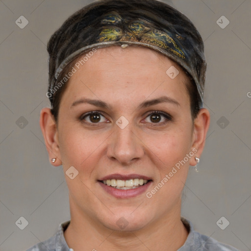 Joyful white adult female with short  brown hair and brown eyes