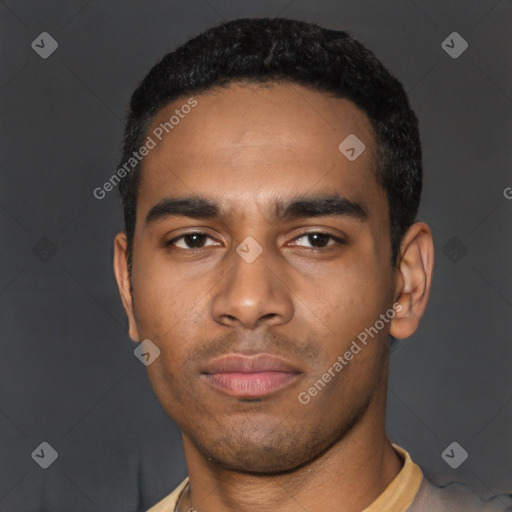 Neutral latino young-adult male with short  black hair and brown eyes