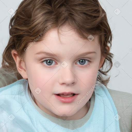 Joyful white child female with medium  brown hair and blue eyes