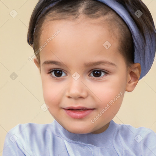 Joyful white child female with short  brown hair and brown eyes