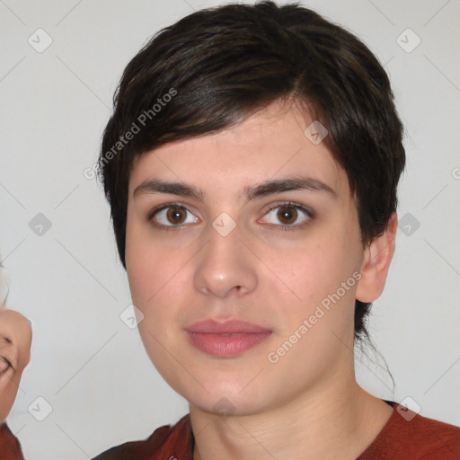 Neutral white young-adult female with medium  brown hair and brown eyes