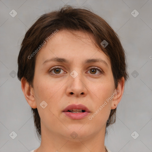 Neutral white young-adult female with medium  brown hair and brown eyes