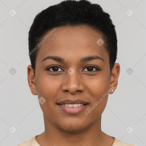 Joyful black young-adult female with short  brown hair and brown eyes