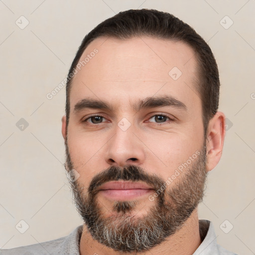 Neutral white young-adult male with short  brown hair and brown eyes