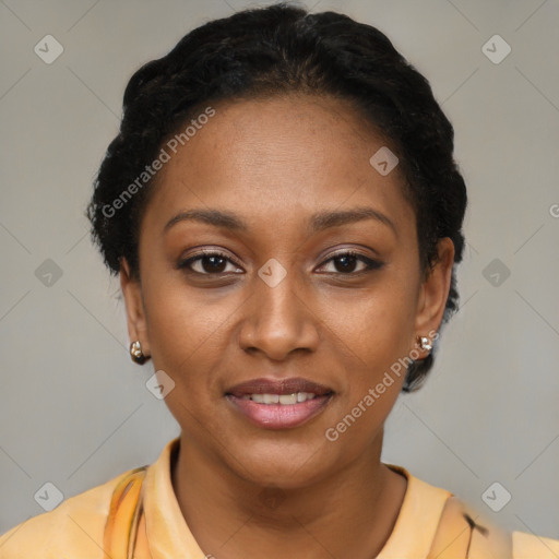 Joyful latino young-adult female with short  brown hair and brown eyes