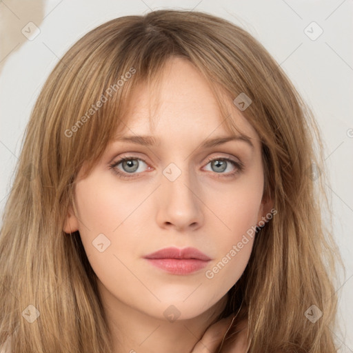 Neutral white young-adult female with long  brown hair and grey eyes