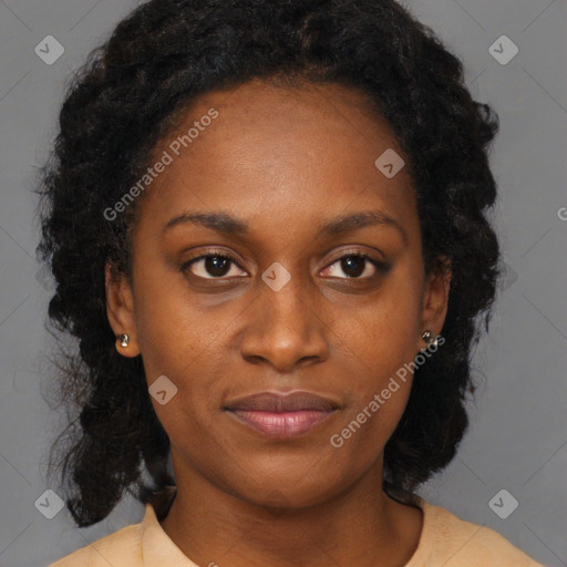 Joyful black young-adult female with medium  black hair and brown eyes