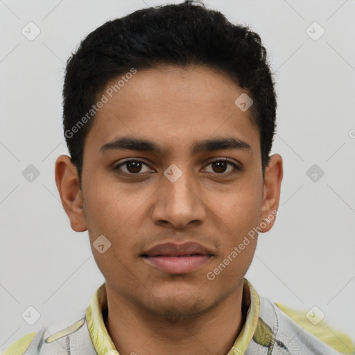 Joyful latino young-adult male with short  brown hair and brown eyes