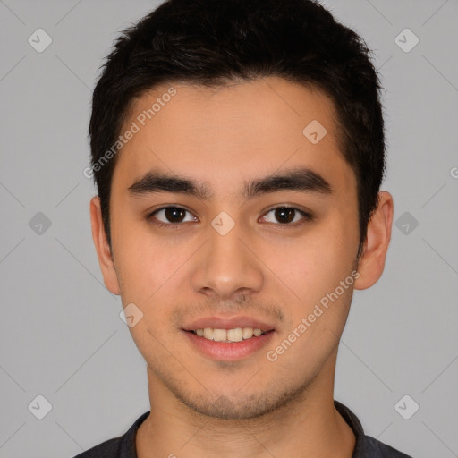 Joyful latino young-adult male with short  brown hair and brown eyes