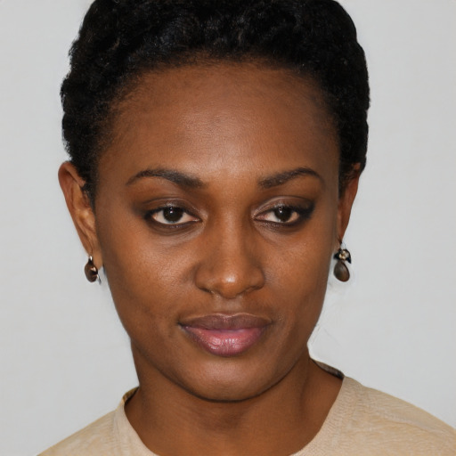 Neutral black young-adult female with short  brown hair and brown eyes