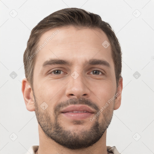 Neutral white young-adult male with short  brown hair and brown eyes