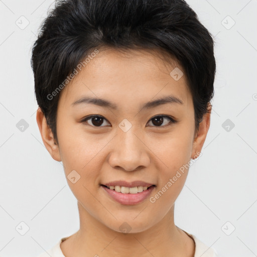 Joyful asian young-adult female with short  brown hair and brown eyes