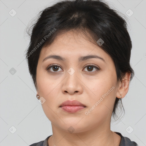 Neutral asian young-adult female with medium  brown hair and brown eyes